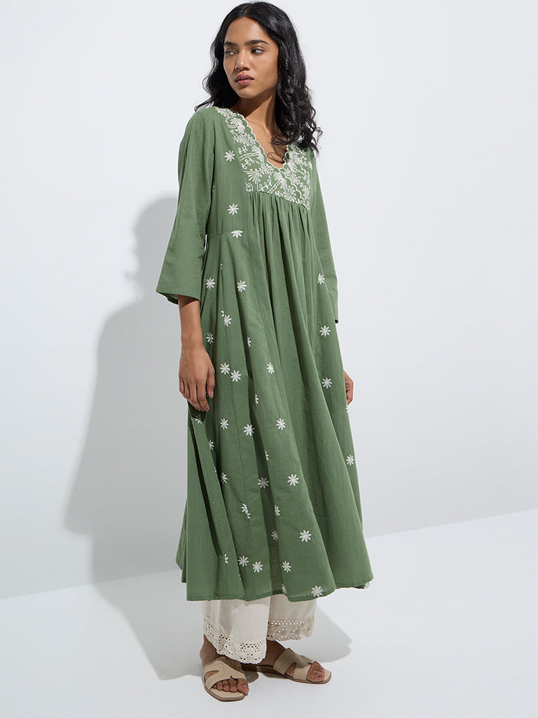 Utsa Sage Embroidered A-line Cotton Kurta