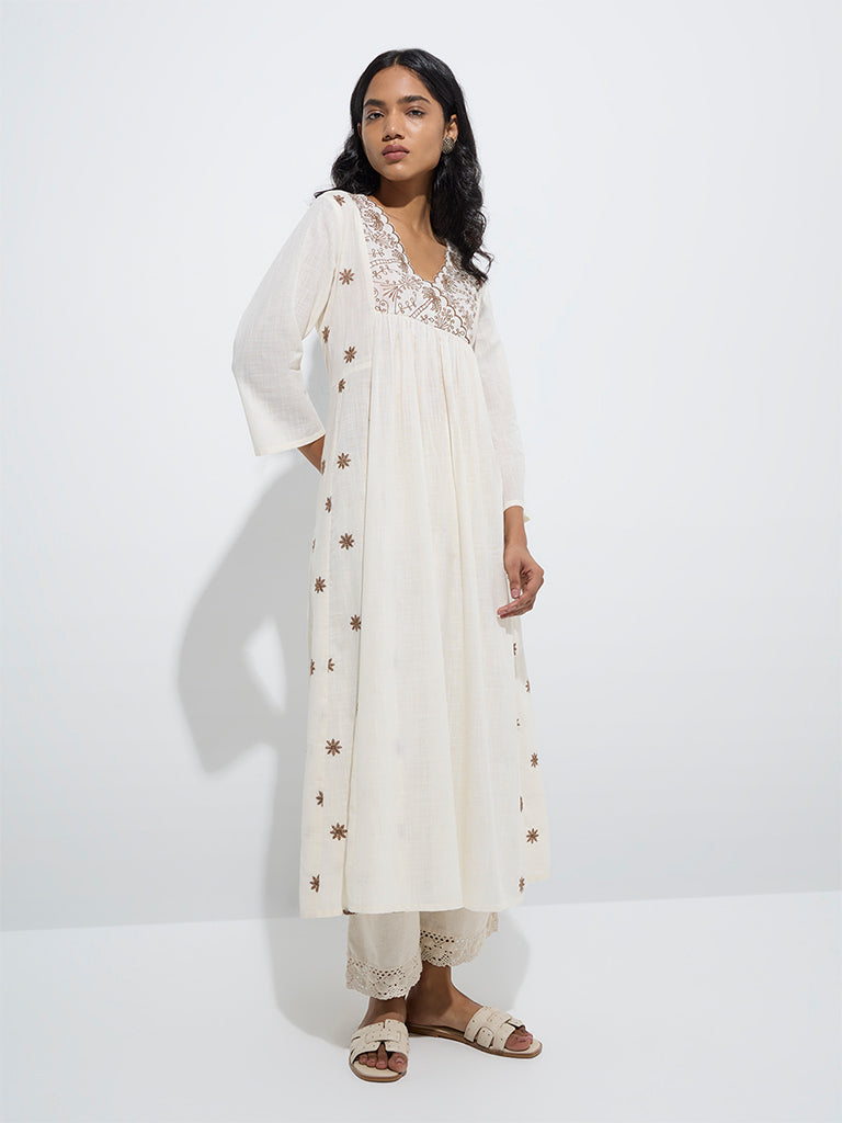 Utsa Off-White Embroidered A-line Cotton Kurta