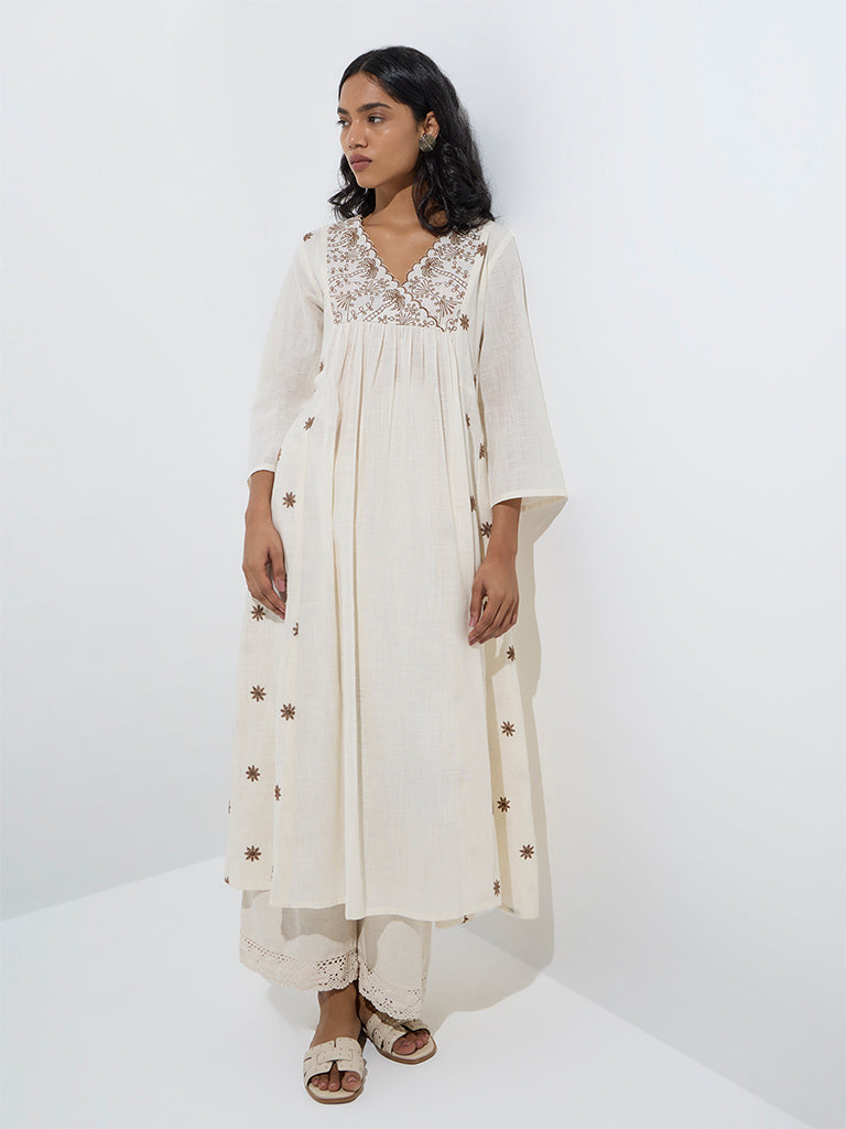 Utsa Off-White Embroidered A-line Cotton Kurta