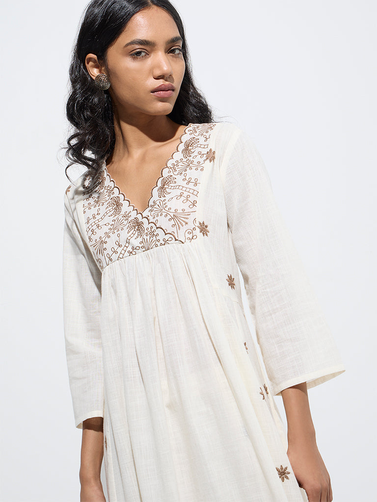 Utsa Off-White Embroidered A-line Cotton Kurta