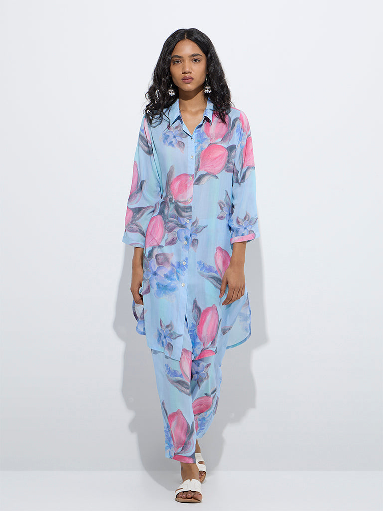 westisde Utsa Women's Blue Floral Printed A-Line Kurta for Work Wear Front View