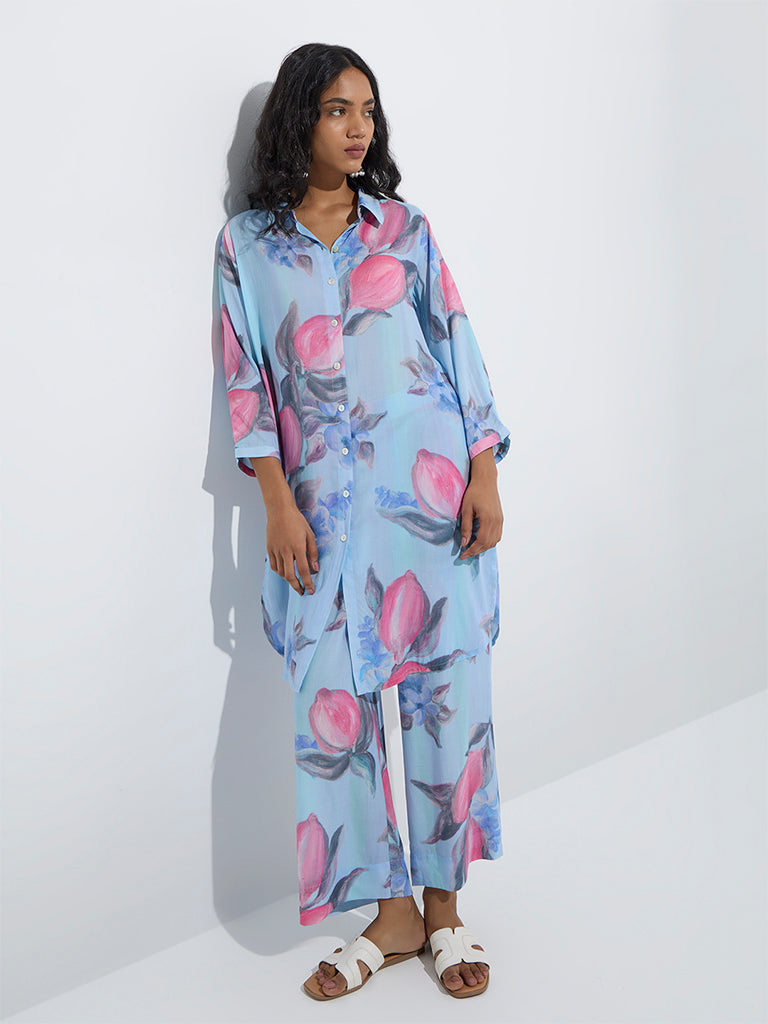 westisde Utsa Women's Blue Floral Printed A-Line Kurta for Work Wear Full Model View