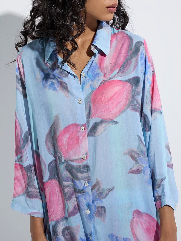 westisde Utsa Women's Blue Floral Printed A-Line Kurta for Work Wear Zoom View