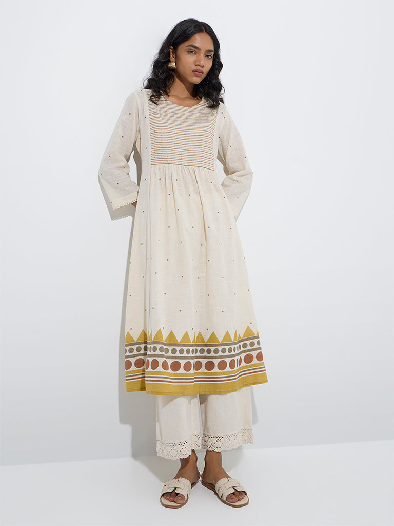 Utsa Off-White Geometric Print A-Line Cotton Kurta