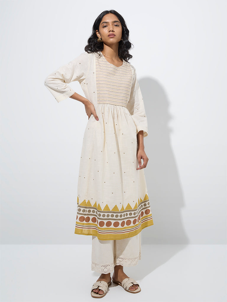 Utsa Off-White Geometric Print A-Line Cotton Kurta