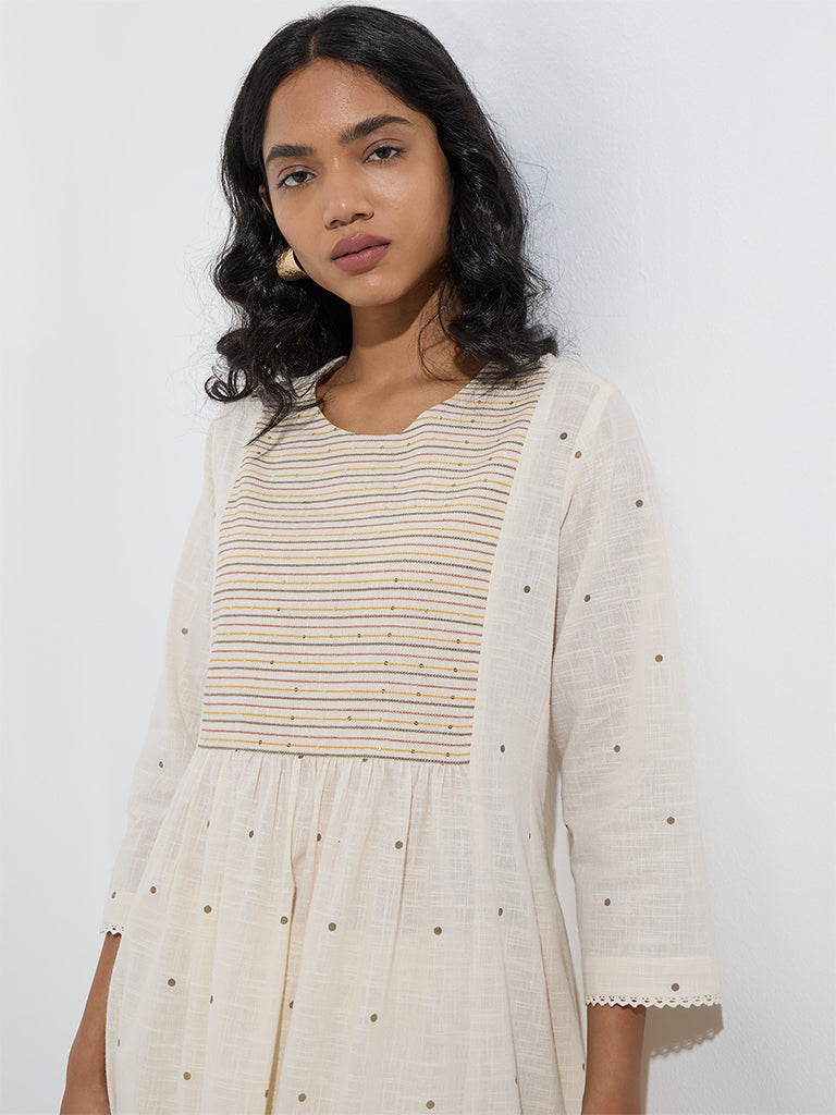 Utsa Off-White Geometric Print A-Line Cotton Kurta