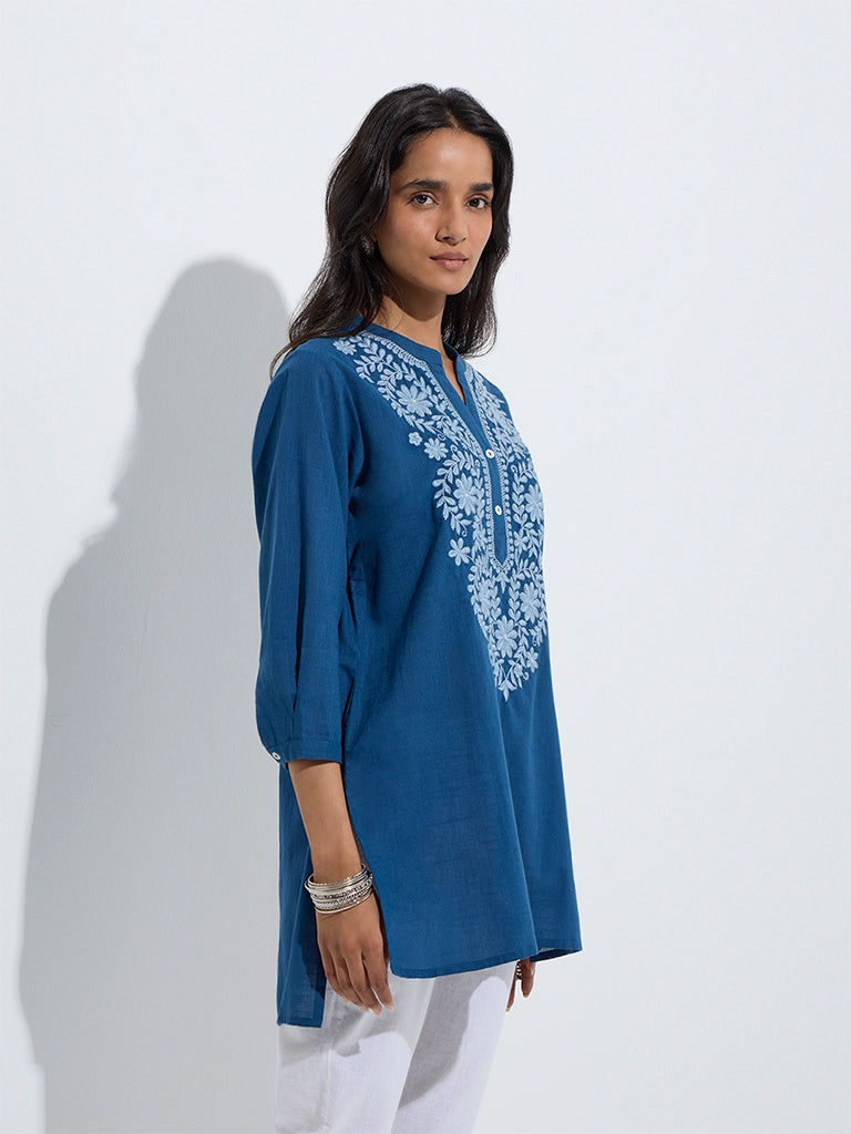 westisde Utsa Women's Indigo Floral Embroidered Cotton Straight Kurta for Work Wear Front View
