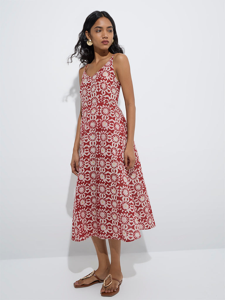 westisde Utsa Women's Red Printed Cotton A-Line Dress for Work Wear Full Model View