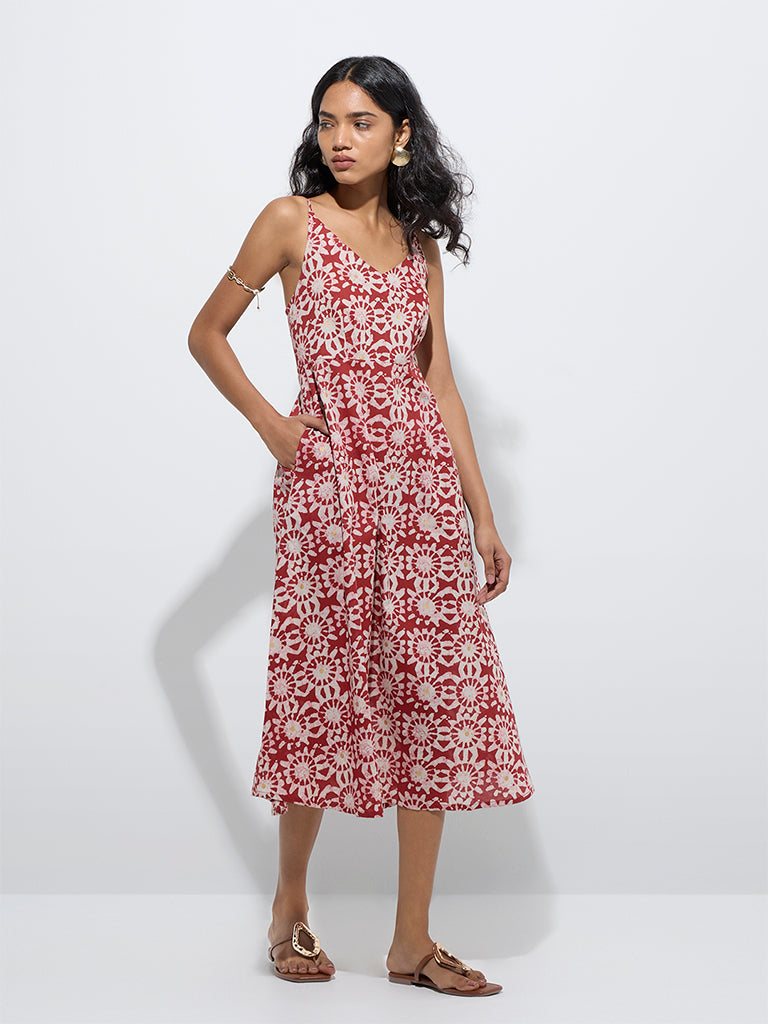 westisde Utsa Women's Red Printed Cotton A-Line Dress for Work Wear Front View