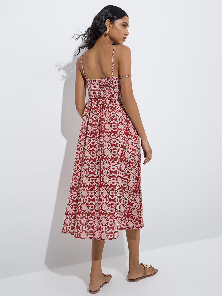 westisde Utsa Women's Red Printed Cotton A-Line Dress for Work Wear Back View