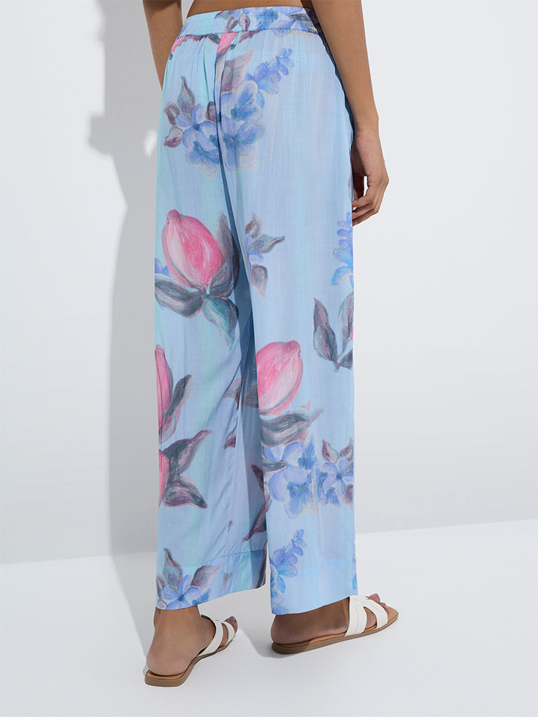 Utsa Blue Floral Design Palazzos