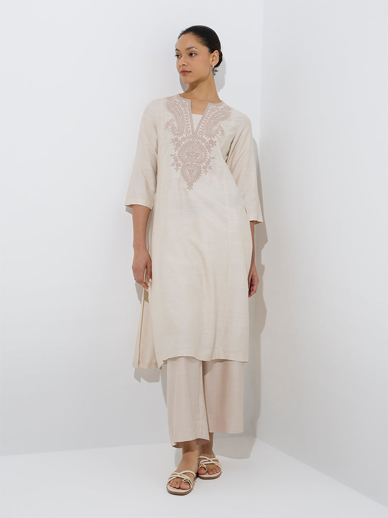 westisde Zuba Women's Beige Embroidered A-Line Kurta for Work Wear Full Model View