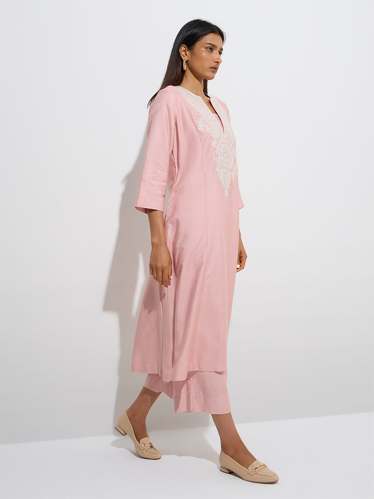 Zuba Peach Embroidered A-Line Kurta