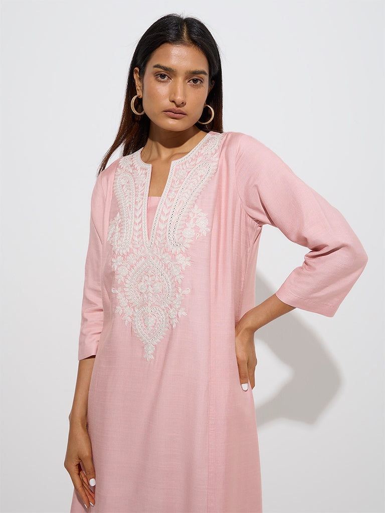 Zuba Peach Embroidered A-Line Kurta