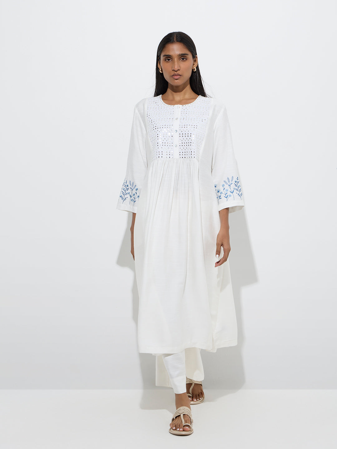 Westside Zuba Women's White Mirror Work A-Line Kurta for Work Wear Front View
