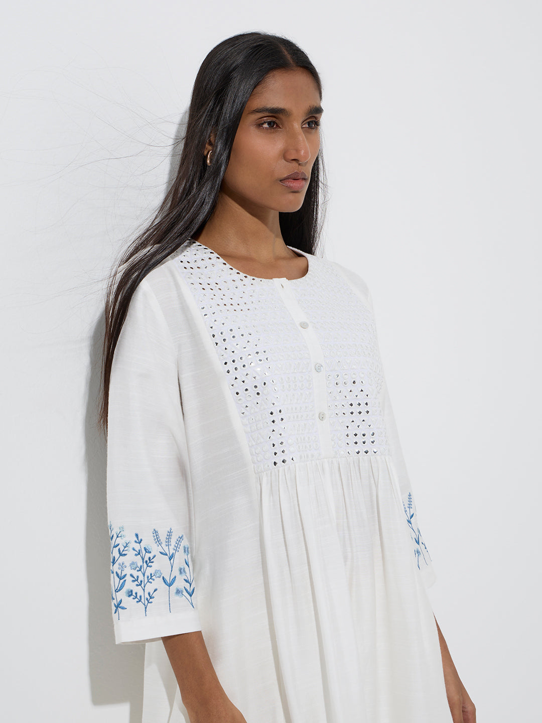 Westside Zuba Women's White Mirror Work A-Line Kurta for Work Wear Zoom View