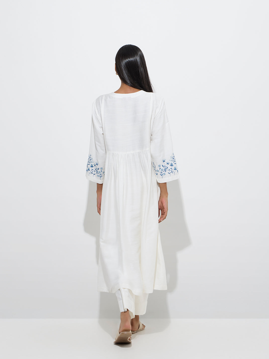 Westside Zuba Women's White Mirror Work A-Line Kurta for Work Wear Back View