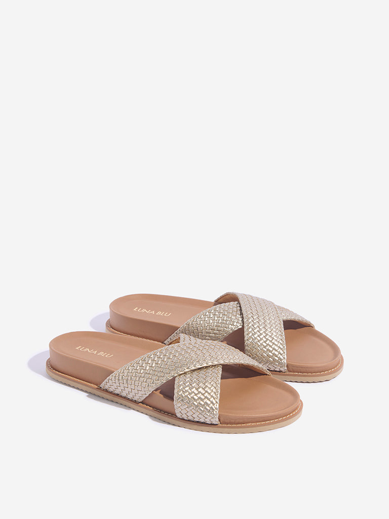Westside LUNA BLU Women's Light Gold Criss-Cross Strap Sandals Front View