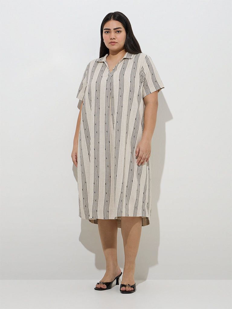 Gia Beige Stripe Printed A-Line Dress