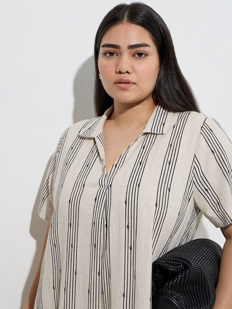 Gia Beige Stripe Printed A-Line Dress