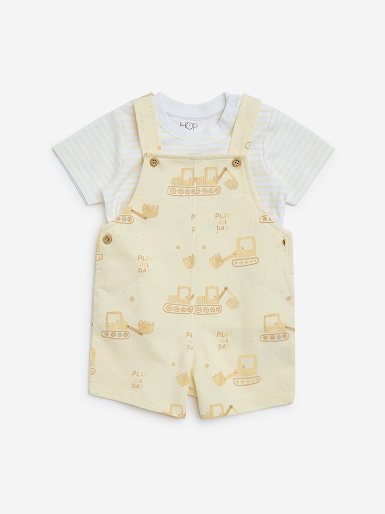 westisde HOP Baby Boys' Yellow Printed Cotton Dungaree with T-Shirt Set for Casual Wear Front View