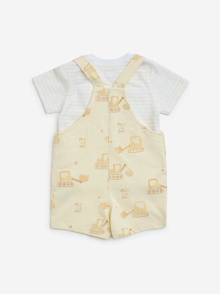 westisde HOP Baby Boys' Yellow Printed Cotton Dungaree with T-Shirt Set for Casual Wear Back View