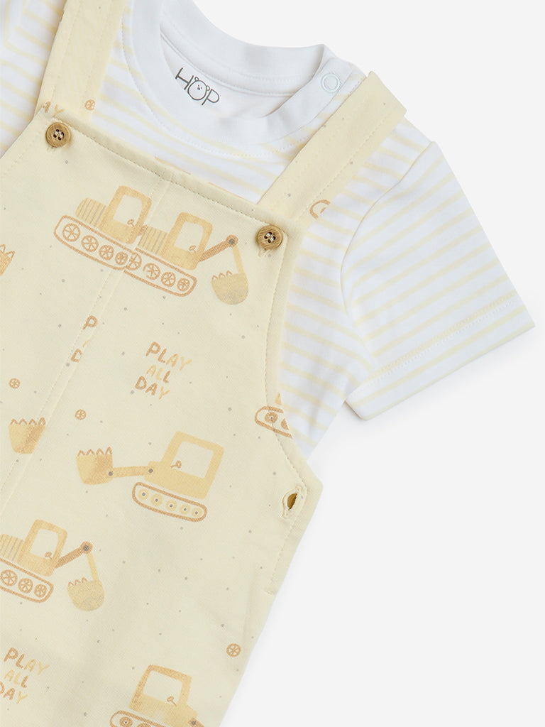 westisde HOP Baby Boys' Yellow Printed Cotton Dungaree with T-Shirt Set for Casual Wear Zoom View