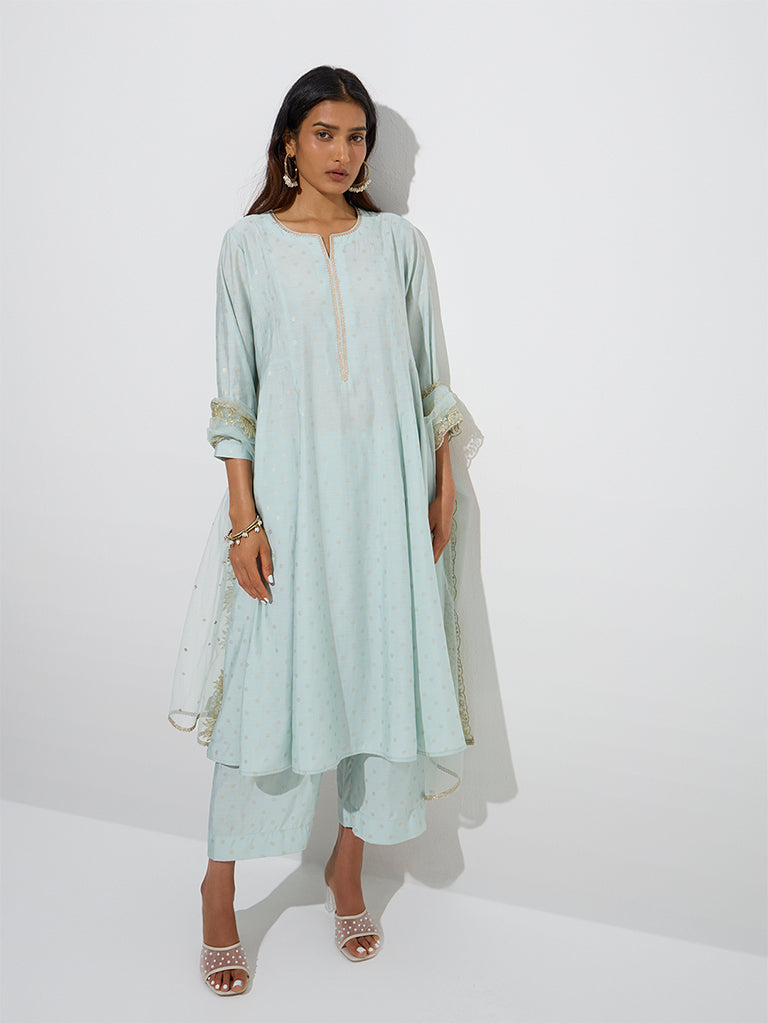 Vark Mint Printed A-Line Kurta, Palazzos and Dupatta Set