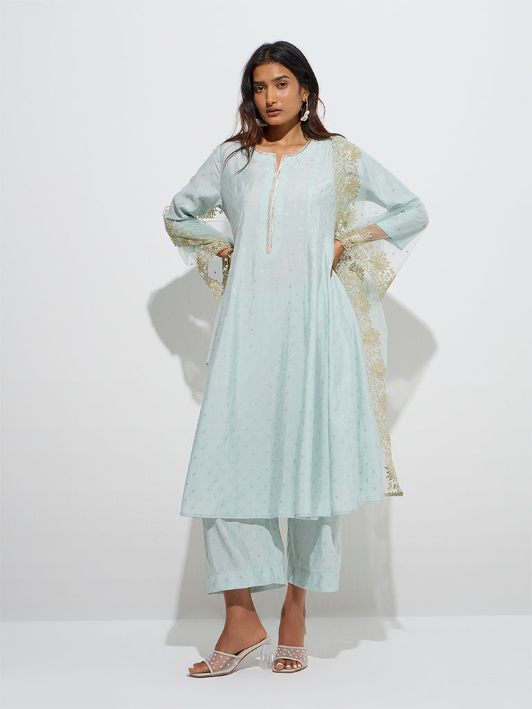 Vark Mint Printed A-Line Kurta, Palazzos and Dupatta Set