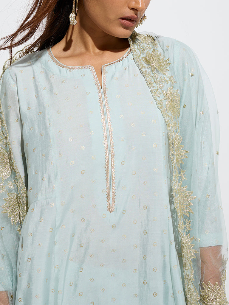 Vark Mint Printed A-Line Kurta, Palazzos and Dupatta Set