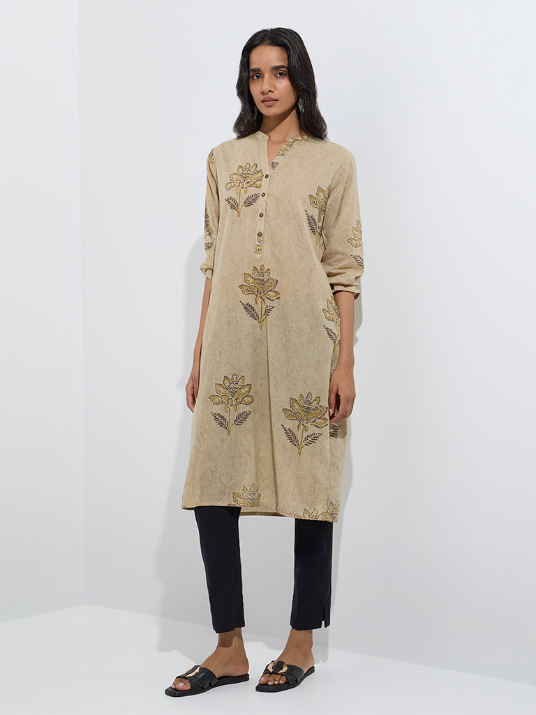 westisde Utsa Women's Taupe Floral Design Cotton Straight Kurta for Everyday Full Model View