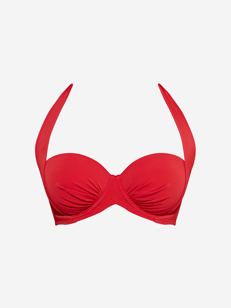 westisde Wunderlove Women's Swimwear Red Halter-Neck Balconette Bra for Beachwear Flatly View