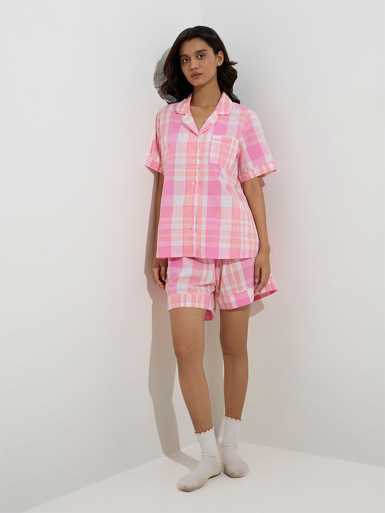 Buy Wunderlove Pink Checkered Cotton Shirt with Shorts Set from