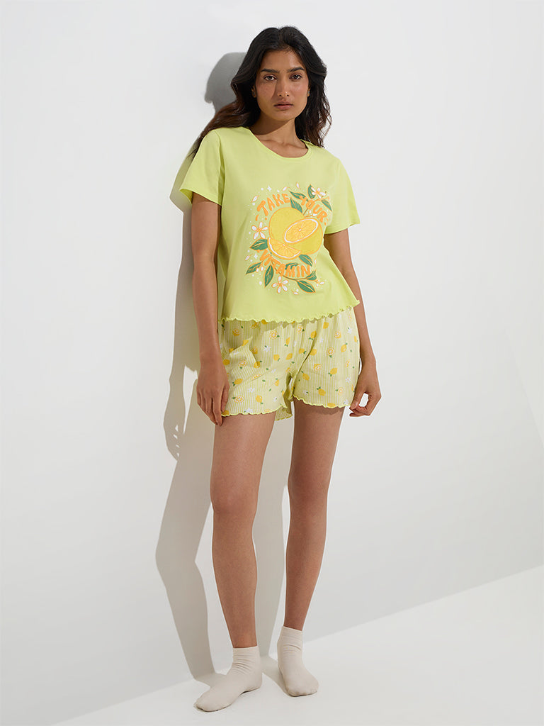 Wunderlove Lime Lemon Printed Cotton Shorts Set In A Bag