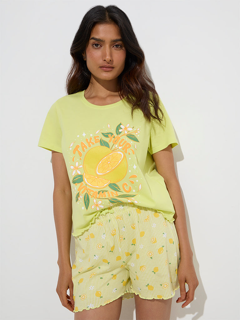 Wunderlove Lime Lemon Printed Cotton Shorts Set In A Bag