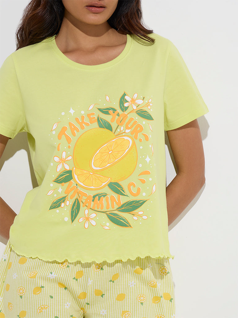 Wunderlove Lime Lemon Printed Cotton Shorts Set In A Bag
