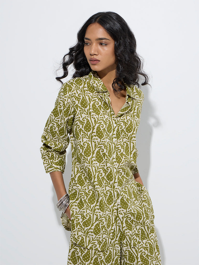 westisde Utsa Women's Olive Paisley Pattern Tunic for Everyday Front View