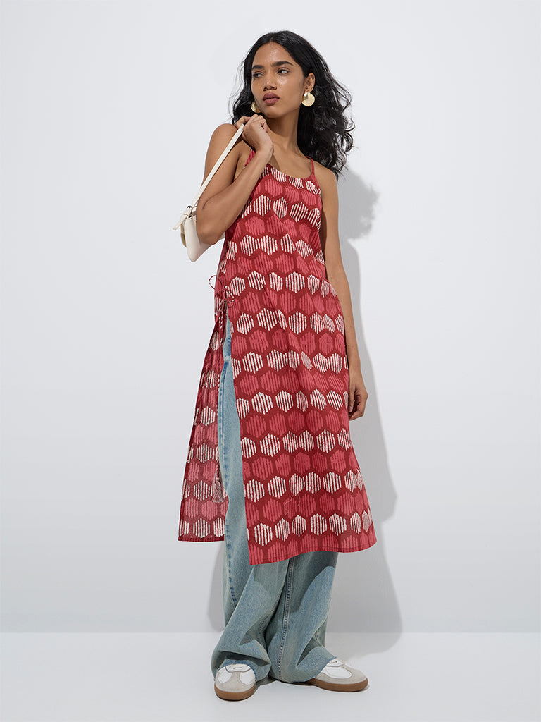 Utsa Red Geometric Printed A-Line Cotton Kurta