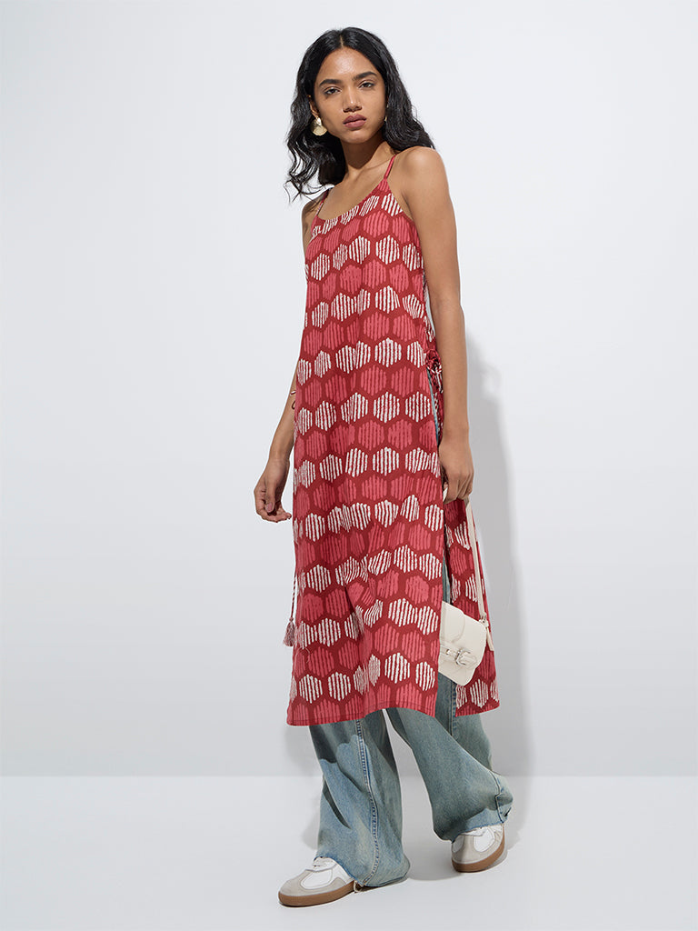 Utsa Red Geometric Printed A-Line Cotton Kurta