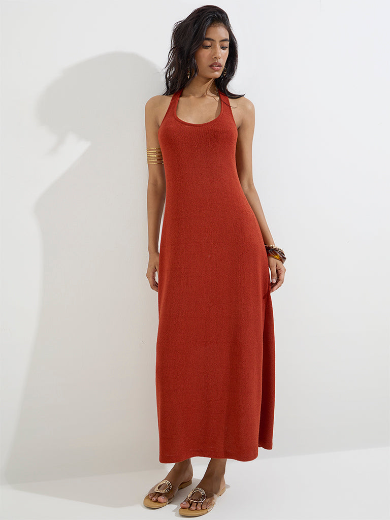 LOV Rust Knit-Textured Linen-Blend A-Line Dress