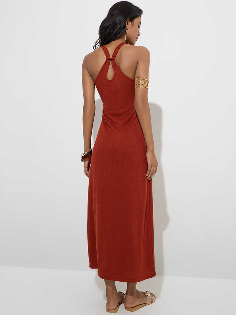 LOV Rust Knit-Textured Linen-Blend A-Line Dress