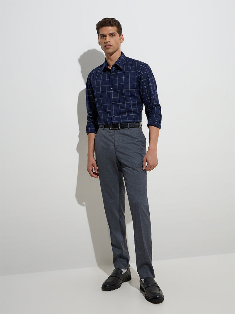 Westside WES Formals Men's Navy Checks Design Relaxed-Fit Cotton Shirt for Work Wear Full Model View