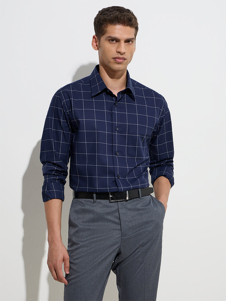Westside WES Formals Men's Navy Checks Design Relaxed-Fit Cotton Shirt for Work Wear Front View