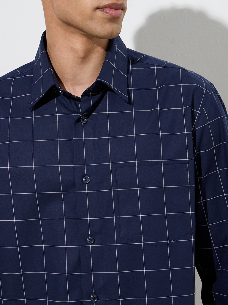 Westside WES Formals Men's Navy Checks Design Relaxed-Fit Cotton Shirt for Work Wear Zoom View