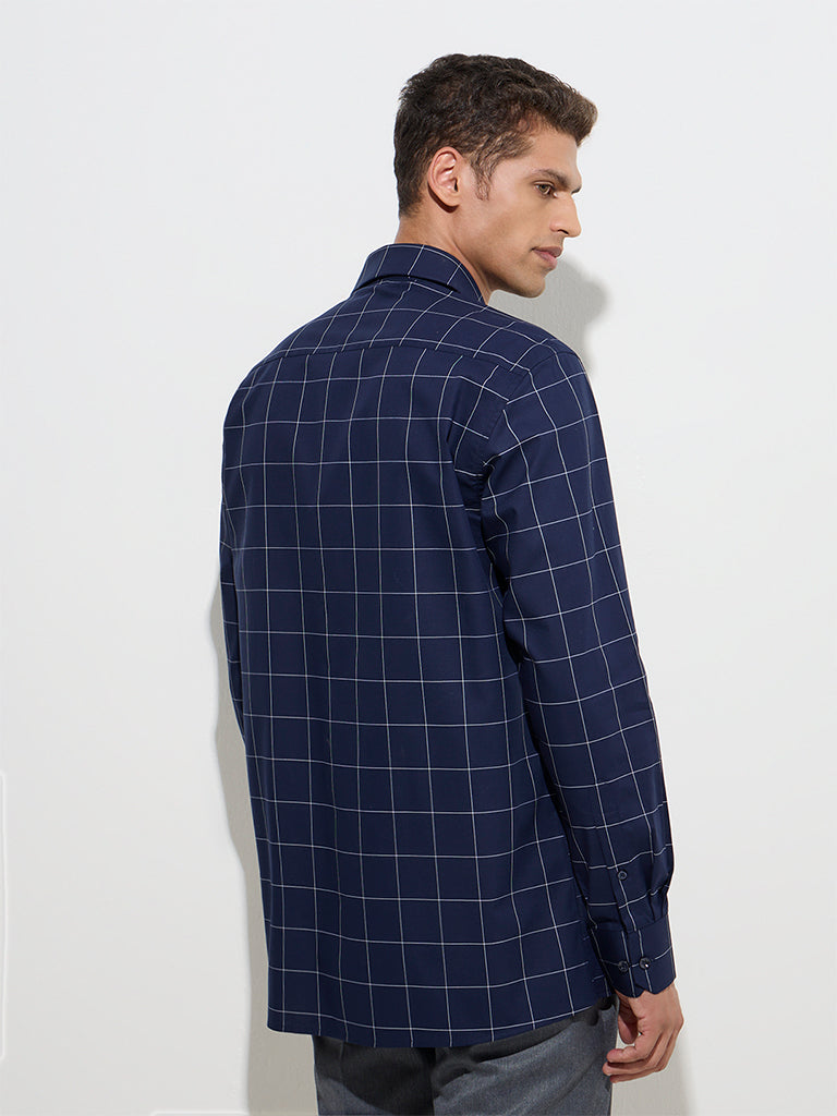 Westside WES Formals Men's Navy Checks Design Relaxed-Fit Cotton Shirt for Work Wear Back View