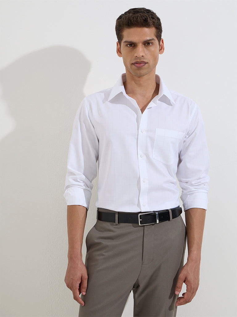 westisde WES Formals Men's White Checkered Slim-Fit Cotton Shirt for Work Wear Front View