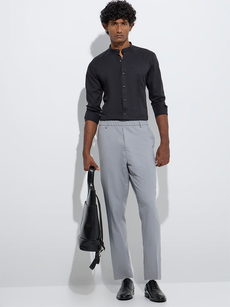 WES Formals Grey Slim-Fit Mid-Rise Trousers