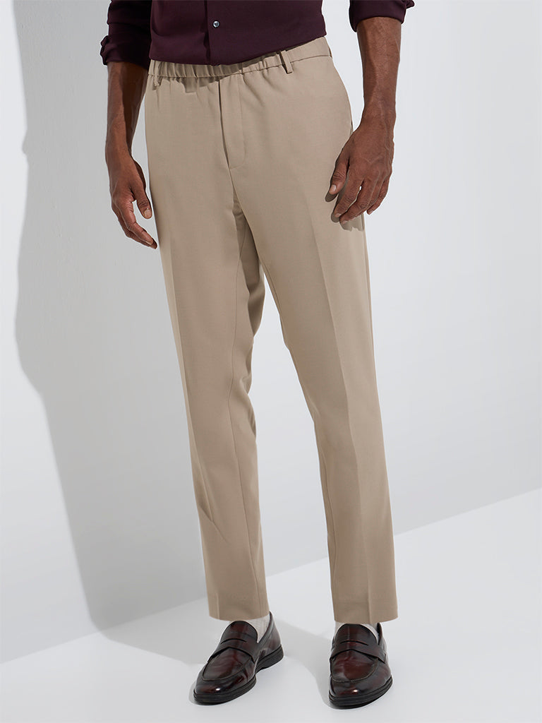 WES Formals Beige Slim-Fit Mid-Rise Trousers