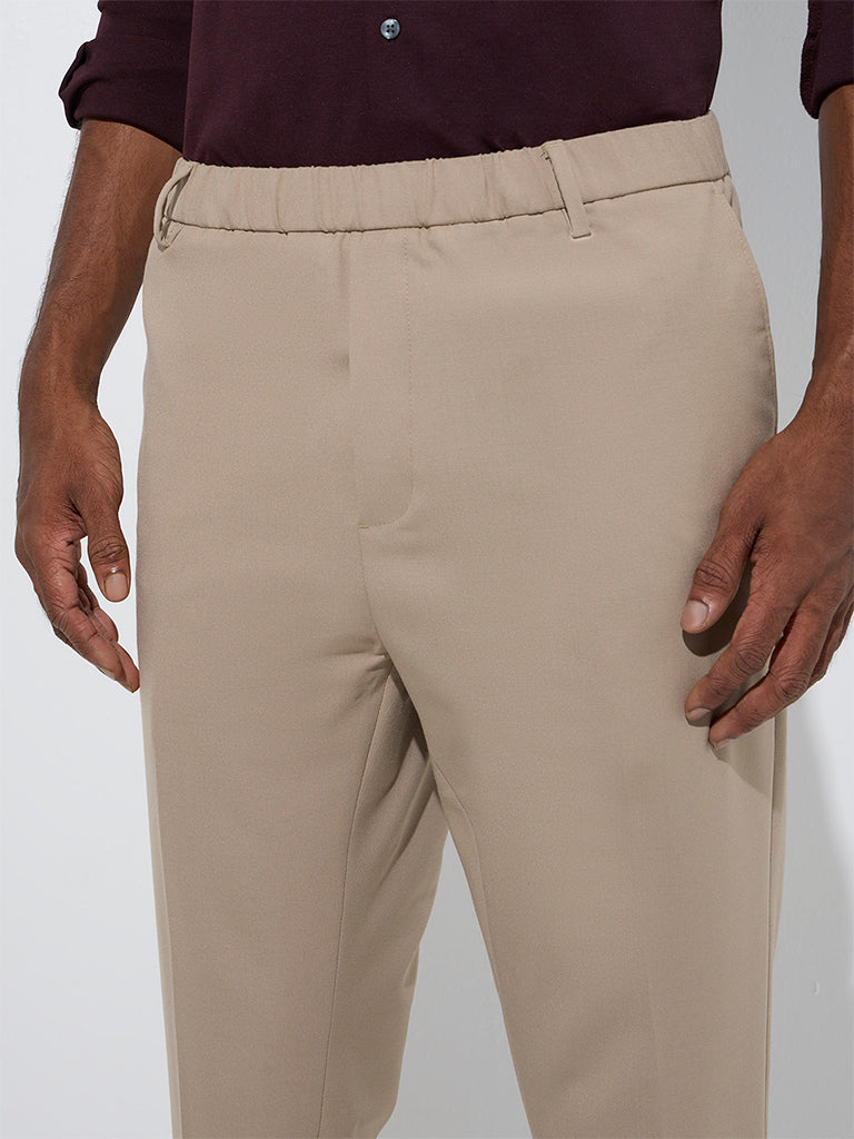 WES Formals Beige Slim-Fit Mid-Rise Trousers
