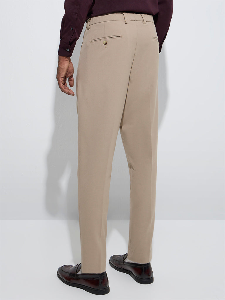 WES Formals Beige Slim-Fit Mid-Rise Trousers